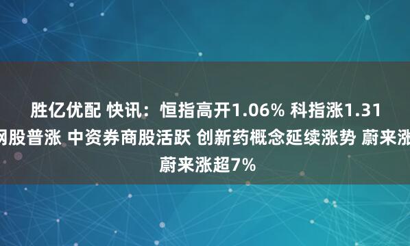 胜亿优配 快讯：恒指高开1.06% 科指涨1.31% 科网股普涨 中资券商股活跃 创新药概念延续涨势 蔚来涨超7%